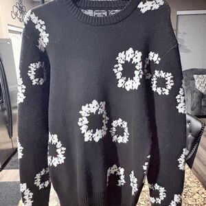 Black Cowl Sweater with White Floral Ring Pattern